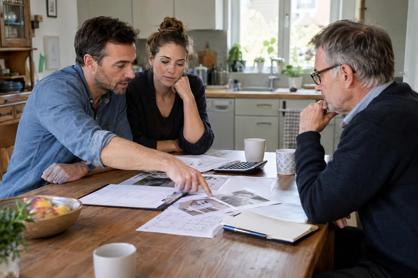 Kaufinteressenten besprechen mit einem Hauseigentümer sachlich Unterlagen und Kostenbefunde