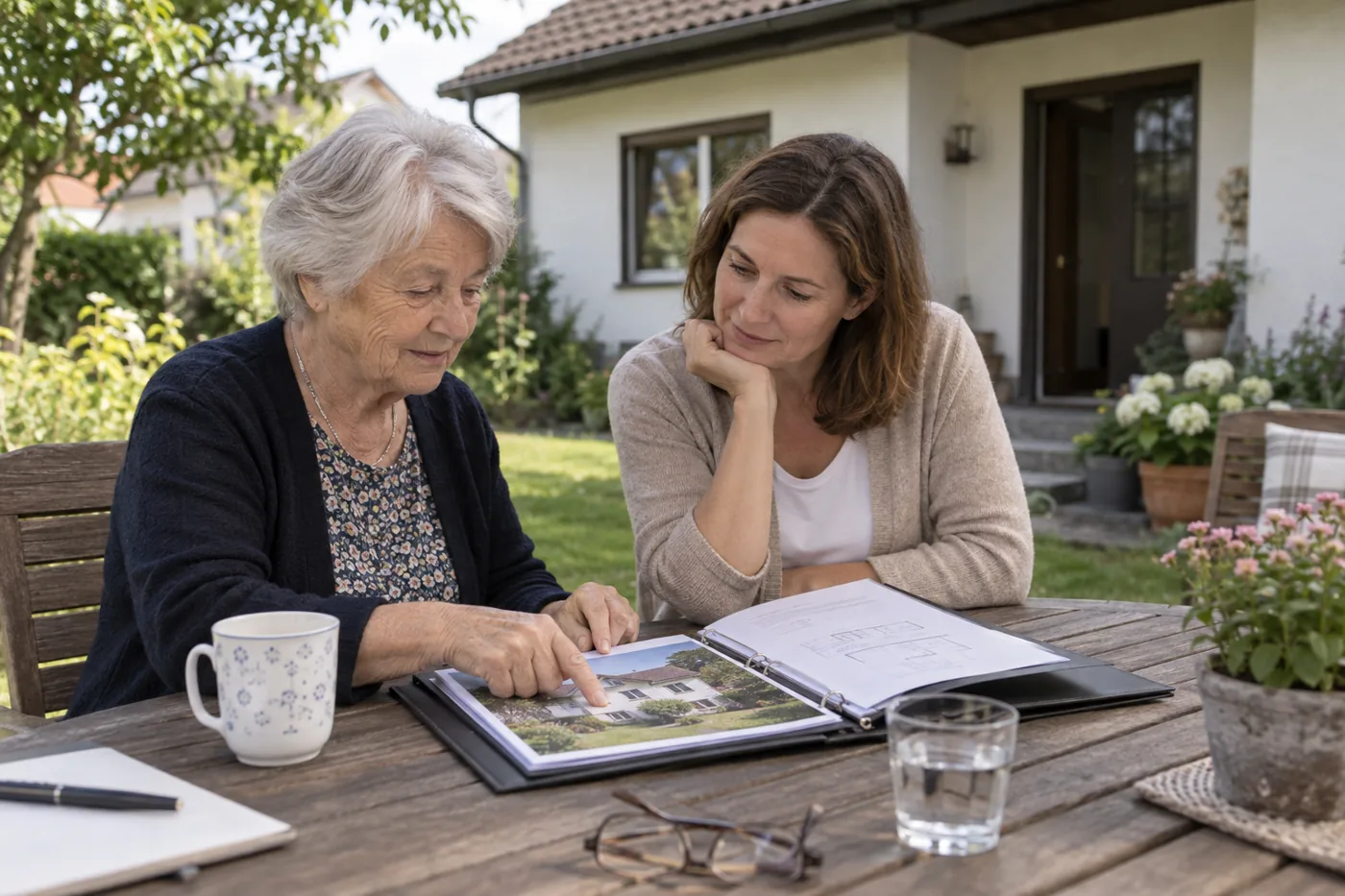 Ältere Frau und erwachsene Tochter besprechen Unterlagen zum Familienhaus